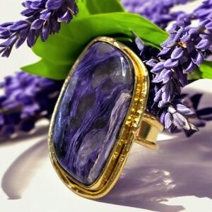 24k Gold Plated Artisan Huge Charoite Crystal Stone Statement Ring